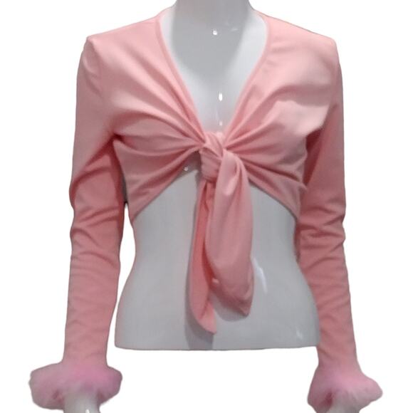 Women's Long Sleeve Tie Up Crop Top Feather Trim Deep V Neck Size Large - Picture 2 of 4